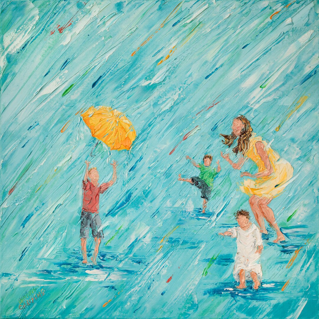 Mom and Children Play in Rain: Whimsical Family Art, Rainbow Raindrops ...