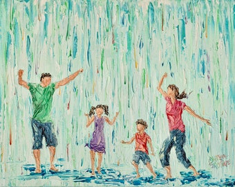 Family fun, Portrait Art, Whimsical rain decor, Decor for playroom, Fathers Day art, Dad and Mom gift, Family artwork, Children in artwork