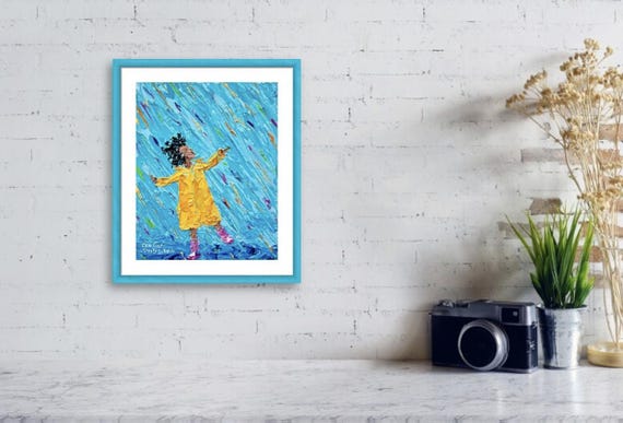 Puddle Jumping Art Print: Whimsical Rainbow Rain, Child in Yellow