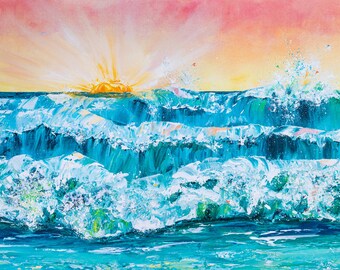 Sunrise Sunset art, Waves of Love, Sea of Love, Contemporary decor, Abstract Ocean Art, Inspirational painting, Heart art, Coastal wall art