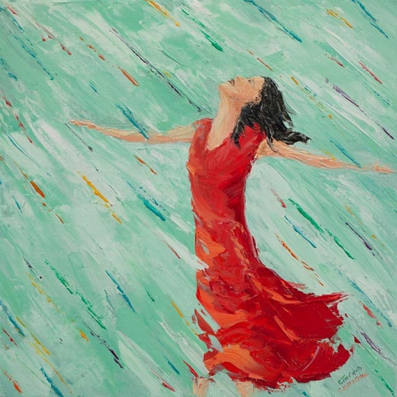 Original Painting Woman In Rainbow Rain 16 X