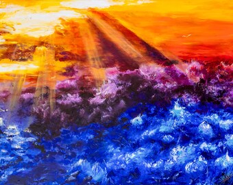 Abstract Coastal Sunset Oil Painting: Vivid Contemporary Beach, Vibrant Skies
