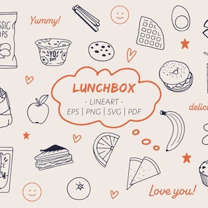 Könnte beinhalten: Eine Schwarz-Weiß-Zeichnung im Lineart-Stil einer Lunchbox mit verschiedenen Lebensmitteln, darunter ein Sandwich, Chips, Obst, Joghurt, Saft und ein Muffin. Der Text "LUNCHBOX - LINEART - EPS | PNG | SVG | PDF" ist in einer Wolkenform geschrieben. Der Text "Yummy!" und "Love you!" ist ebenfalls in der Illustration enthalten.