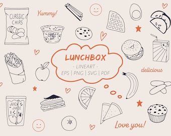 Lunch Box Decoration Bundle / School Lunch Food Clipart / Healthy Food Svg / Children's Breakfast Svg/ Cafeteria Svg LineArt Bundle