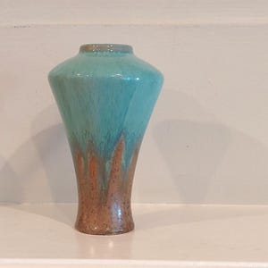 Vintage Ceramic Pottery Vase, Turquoise Glaze over Brown,  Tapered Shape