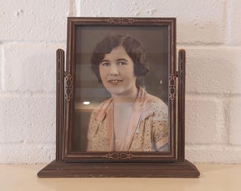 Vintage Art Deco Tabletop Swing Frame with Woman's Hand Tinted Photo, 7"x9.5"