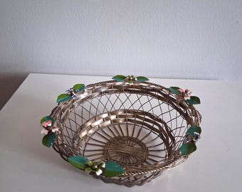 Vintage Metal Woven Enameled Flower Basket