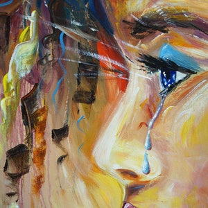 Gezicht: acryl op doek, geabstraheerd origineel, groot schilderij van het hoofd van een vrouw afbeelding 3