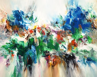 May include: Abstract painting with a mix of blue, green, white, and brown colors. The colors are blended together in a swirling, dynamic pattern.