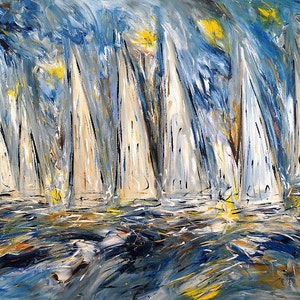 The maritime seaside sailing painting is an original with acrylic on canvas, 57.1 &quot; x 41.3 &quot;, by the artist Peter Nottrott