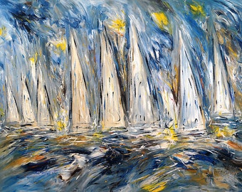 The maritime seaside sailing painting is an original with acrylic on canvas, 57.1 " x 41.3 ", by the artist Peter Nottrott