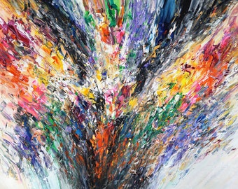 May include: Abstract painting with a burst of colorful brushstrokes in shades of red, orange, yellow, green, blue, purple, and black. The background is a light beige color.