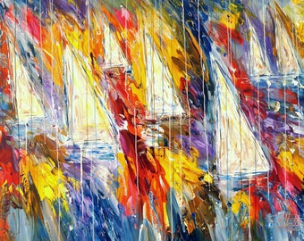 Maritime artwork: Stormy Sailing Regatta XL 5, modern painting, vibrant original by the artist Peter Nottrott