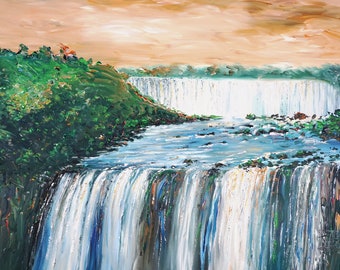 Impressionnante cascade XL 1, peinture semi-abstraite, moderne et colorée de l'artiste Peter Nottrott