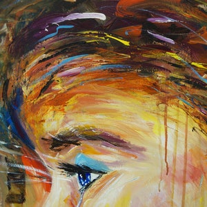 Gezicht: acryl op doek, geabstraheerd origineel, groot schilderij van het hoofd van een vrouw afbeelding 5
