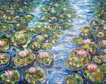 Waterlelies schilderij, 47,2 "x 33,5". Origineel, olieverf op doek van de kunstenaar Peter Nottrott