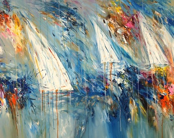 Stormy Sailing Regatta XXL 1 est une œuvre d’art maritime. Peinture abstraite vibrante et moderne de l’artiste Peter Nottrott