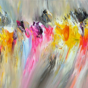 Vibrant abstract painting. 61.0 &quot; x 33.5 &quot;, modern large original, acrylic on canvas, contemporary art by Peter Nottrott.