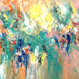 61.0" x 39.4". Pastel colors artwork. It is a large abstract painting, acrylic on canvas, expressionism art by the artist Peter Nottrott.