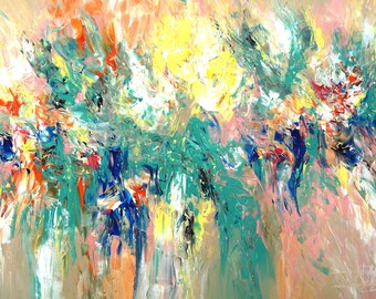 May include: Abstract painting with vibrant colors, including shades of green, blue, yellow, orange, and pink. The paint is applied in thick strokes, creating a textured surface.