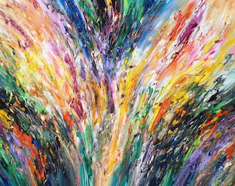 May include: Abstract painting with a vibrant explosion of colors. The artwork features bold brushstrokes in shades of yellow, orange, blue, green, and purple, creating a dynamic and energetic composition. The painting's texture is thick and layered.