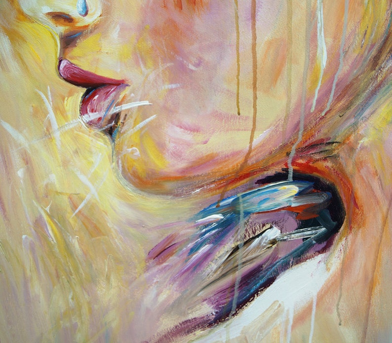 Gezicht: acryl op doek, geabstraheerd origineel, groot schilderij van het hoofd van een vrouw afbeelding 6