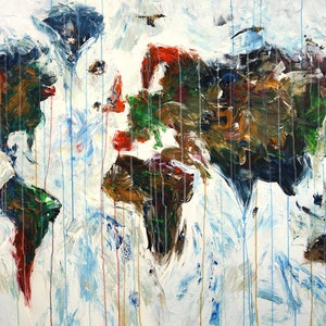 Die abstrahierte Weltkarte, 155 cm x105 cm, ist ein original Kunstgemälde im Großformat, Acryl auf Leinwand vom Kunstmaler Peter Nottrott