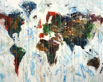 Abstract worldmap painting, 61.0" x 41.3" x 1.5", modern original painting, acrylic on canvas by the artist Peter Nottrott.