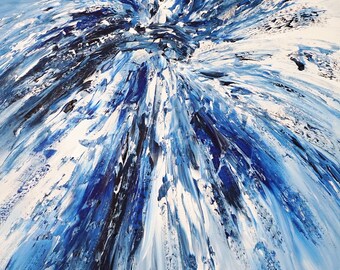 Abstrait bleu, grand tableau. Format portrait 61,0" x 33,5". Art contemporain original et dynamique de l'artiste Peter Nottrott