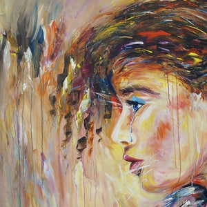 Gezicht: acryl op doek, geabstraheerd origineel, groot schilderij van het hoofd van een vrouw afbeelding 2