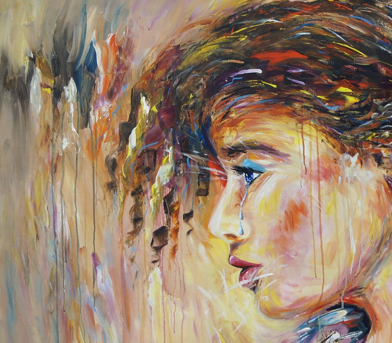 Gezicht: acryl op doek, geabstraheerd origineel, groot schilderij van het hoofd van een vrouw afbeelding 2