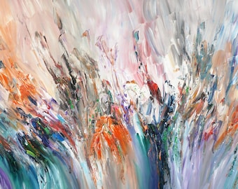 May include: Abstract painting with a mix of colors, including orange, blue, green, purple, and white. The paint is applied in thick strokes, creating a textured effect.
