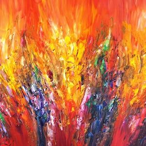 large abstract painting. 61.0 &quot; x 33.5 &quot;, modern original, acrylic on canvas, red colorful, contemporary art by Peter Nottrott.