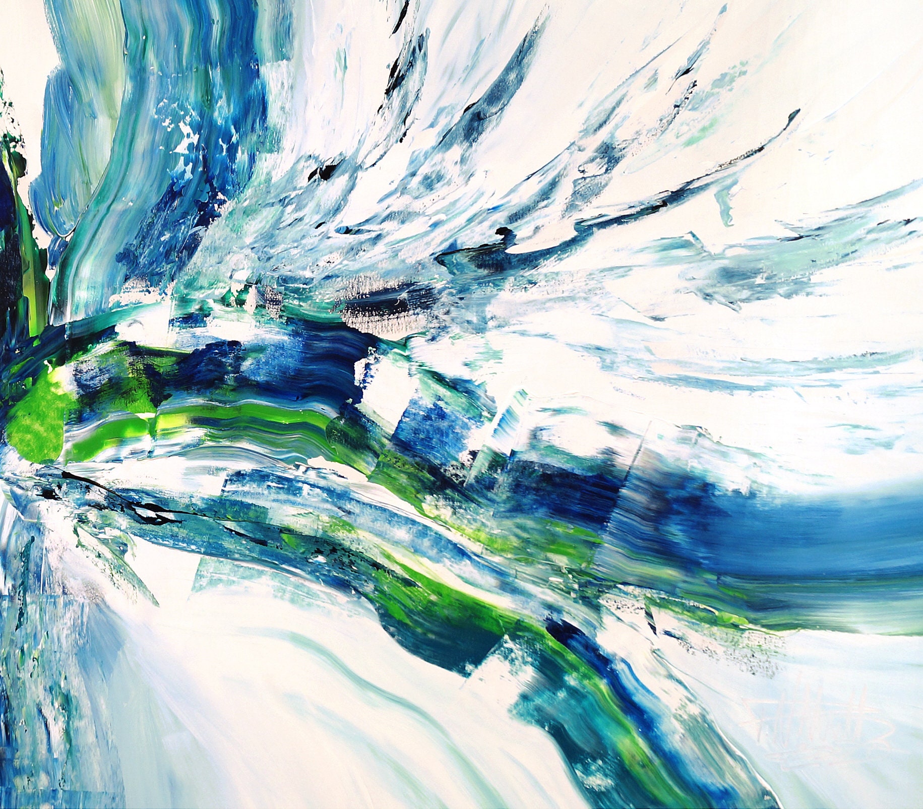 The abstract blue green and white painting 61.0 x 33.5 | Etsy