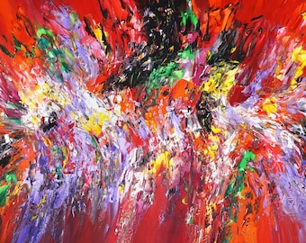 赤色のカラフルな抽象画、大きな絵画 61.0 x 33.5 インチ、モダンで