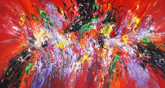 赤色のカラフルな抽象画、大きな絵画 61.0 x 33.5 インチ、モダンで