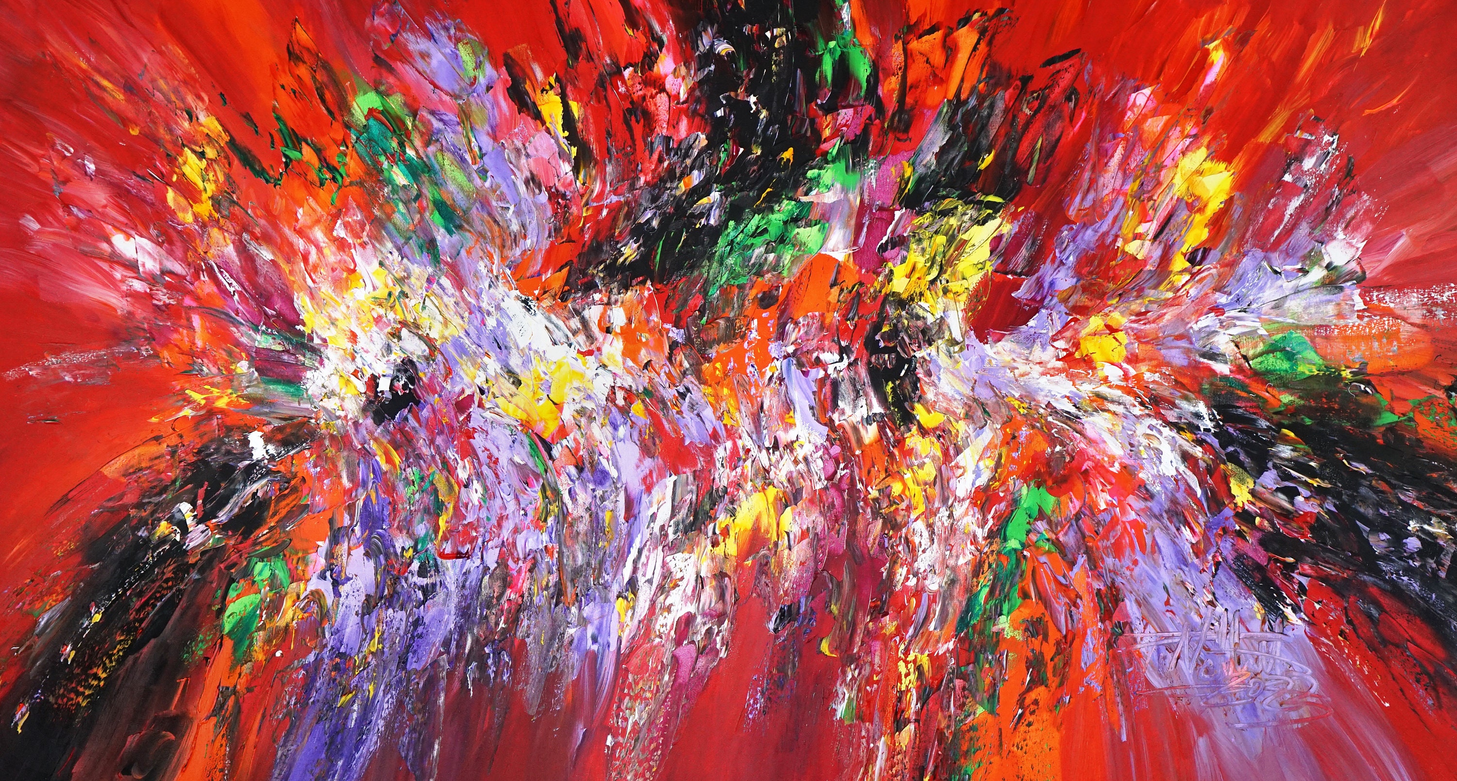 赤色のカラフルな抽象画、大きな絵画 61.0 x 33.5 インチ、モダンで