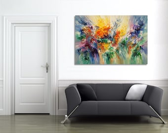 抽象画 アクリル オリジナル 作品 マット付き 絵画 現代アート インテリア カラフルな大きな抽象画、61.0 x 41.3 インチ。オリジナルのアクリル