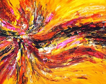 Yellow Red Abstraction XXL 4 is oversized: 78.8 " x 39.4 ".Original painting, acrylic on canvas, modern art by the artist Peter Nottrott.