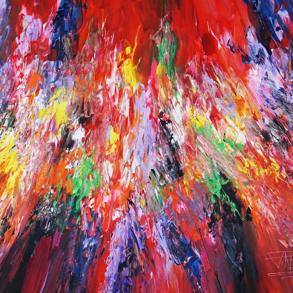 Abstract painting, red colorful, vibrant original 47.2 " x 33.5 " acrylic on canvas, modern artwork by the artist Peter Nottrott