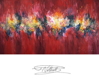 Colorful, red, large artwork 57.0" x 31.5", original acrylic on canvas, modern art by Artist Peter Nottrott.