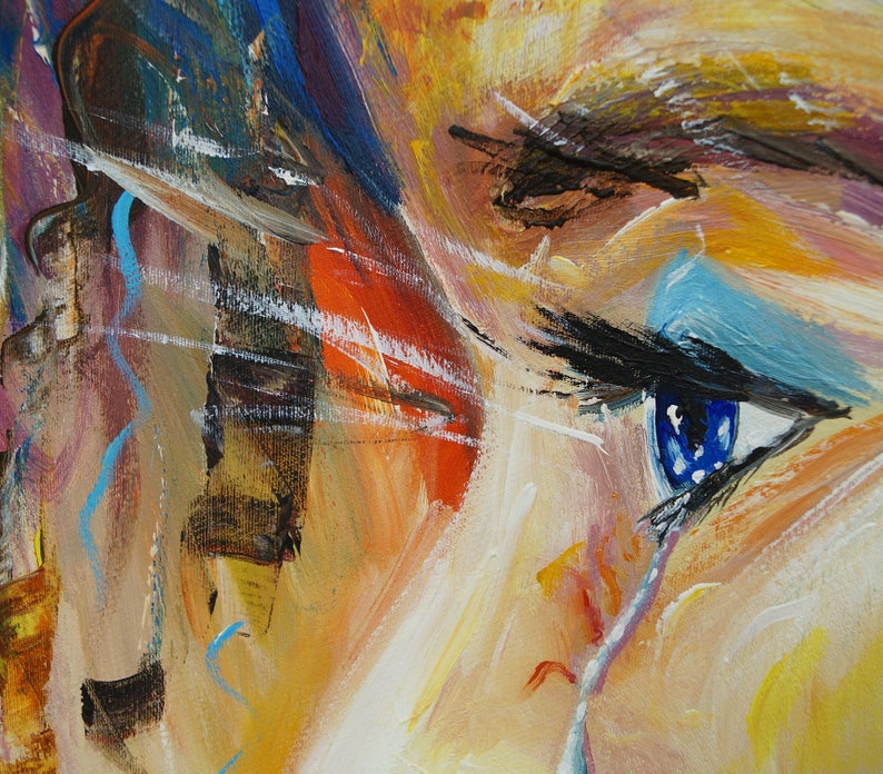 Gezicht: acryl op doek, geabstraheerd origineel, groot schilderij van het hoofd van een vrouw afbeelding 7