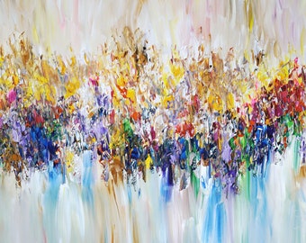 61.0 " x 33.5 " Colorful, large, abstract artwork is an original, acrylic on canvas, modern art by artist Peter Nottrott.