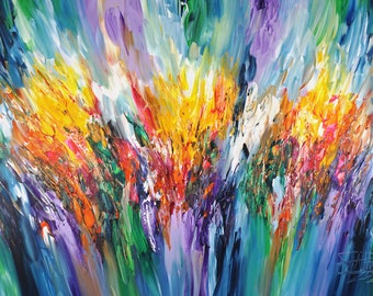 Shining colorful large abstract painting 61.0 " x 41.3 ", original acrylic on canvas, modern art by the artist Peter Nottrott.