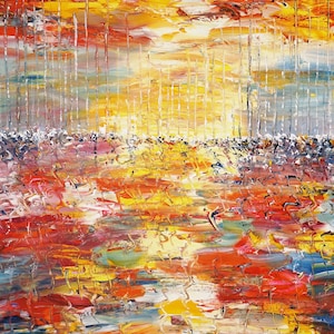 Oeuvre d&#39;art du port en bord de mer, 27,6 x 39,4 pouces, c&#39;est une peinture maritime, originale moderne, acrylique sur toile, bleue et colorée de Peter Nottrott.