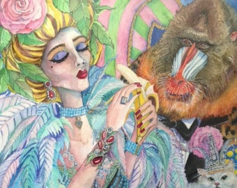 Large Original Watercolor "Why Buy the Ape When You Get the Banana for Free?"