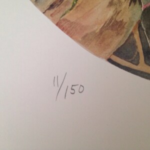 May include: Watercolor painting fragment featuring botanical elements in shades of green, brown, and beige. The artwork is signed and numbered 11/150, indicating a limited edition print. The composition is set against a white background.