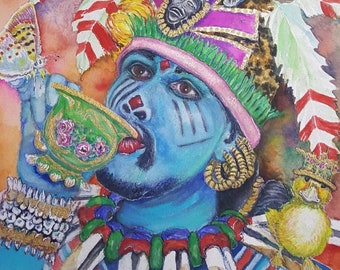 Tribal Warrior meets High Society.  Original framed watercolor/pastel by Karen Curtis