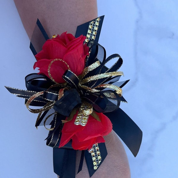 Wrist  Corsage/ prom corsage/black and red /corsage/ wrist corsage/ prom wrist corsage/bridesmaids/wedding/wrist corsage and boutoniere