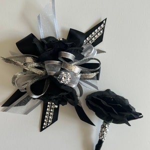 Wrist  Corsage/ prom corsage/black and silver/corsage/ wrist corsage/ prom wrist corsage/bridesmaids/wedding/wrist corsage and boutoniere